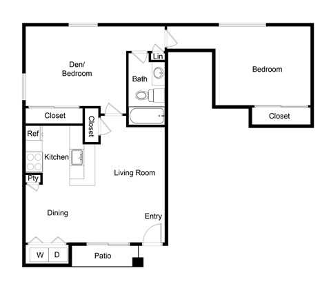 Floor plan for 2 beds, 1 bath, 900 sqft
